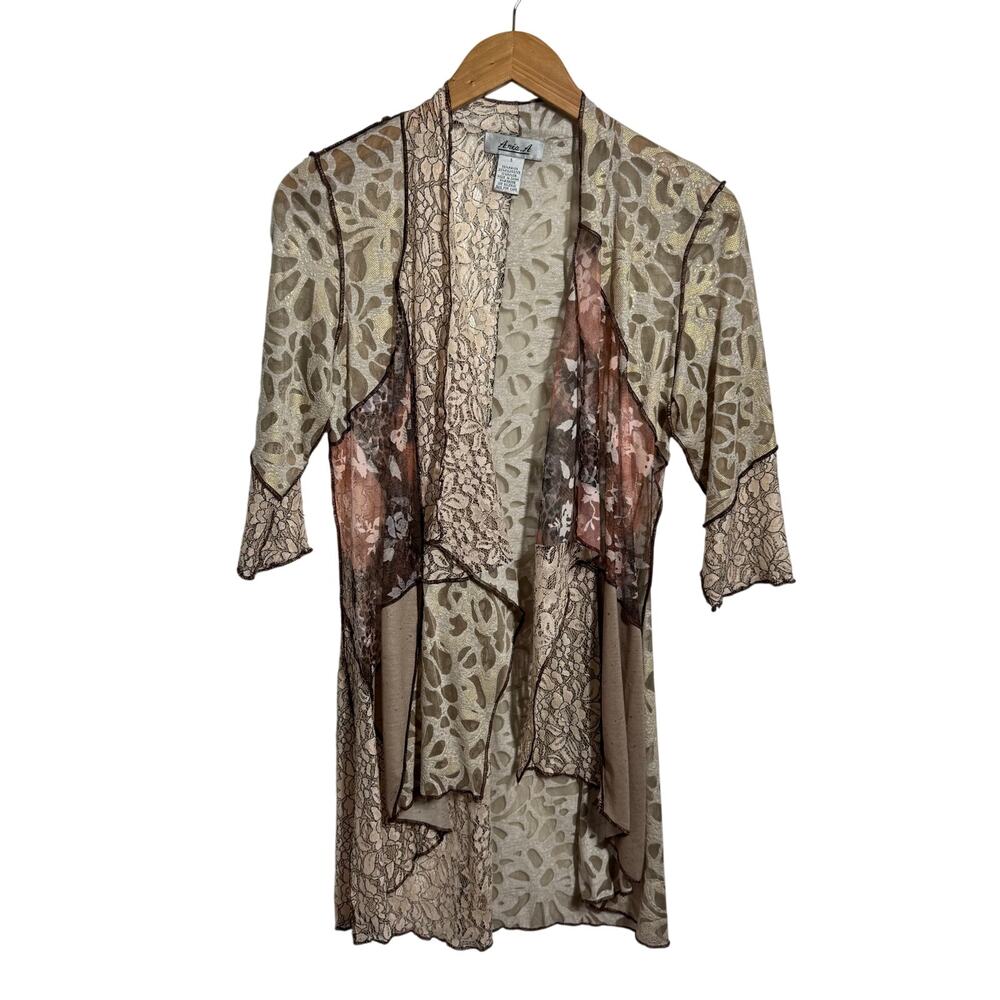 Aria.A Sheer Romantic Boho Chic Cardigan Women S‎ Cream Brown Patchwork Artsy